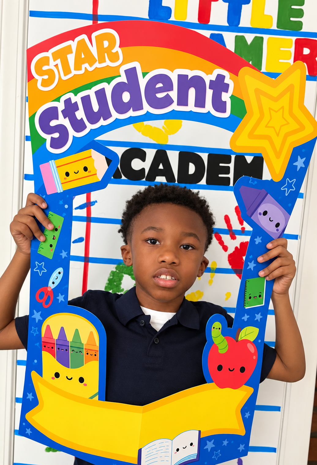Miles, first grade Star Student at Little Dreamers Academy, holding his Star Student frame