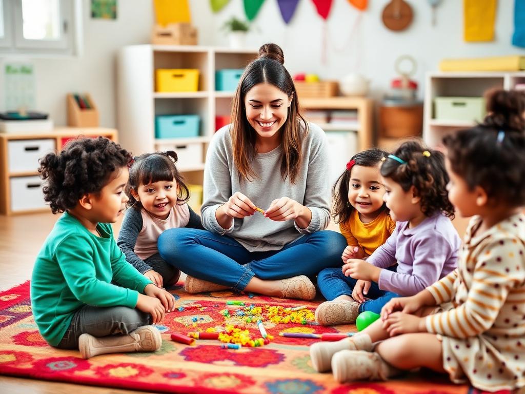 A smiling teacher doing a craft activity with happy children